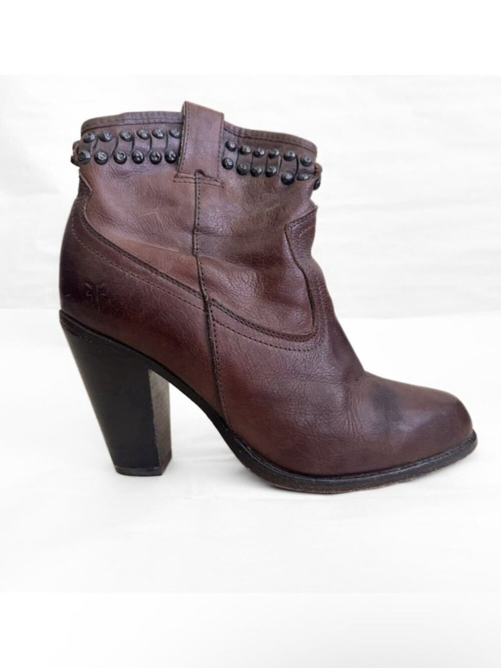 Frye Brown Leather Ankle Boot Women 6 Heel Studded Cowgirl Jenny Heeled Bootie